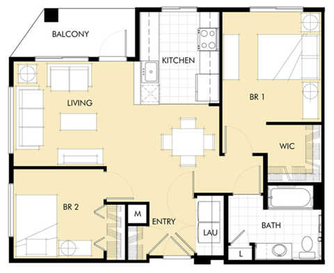 Floor plan for 2 beds, 1 bath